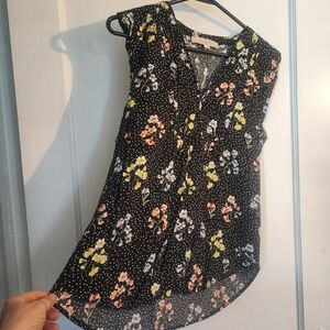 LOFT Black Tank With Polka Dot Flowers
